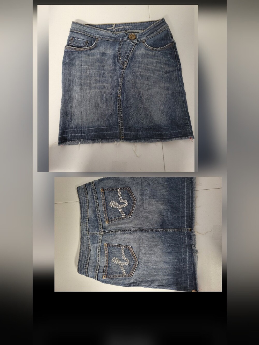 Bebe Vintage Y2K Embellished Low Rise Raw Hem Early 2000s Med Wash Mini Skirt 28